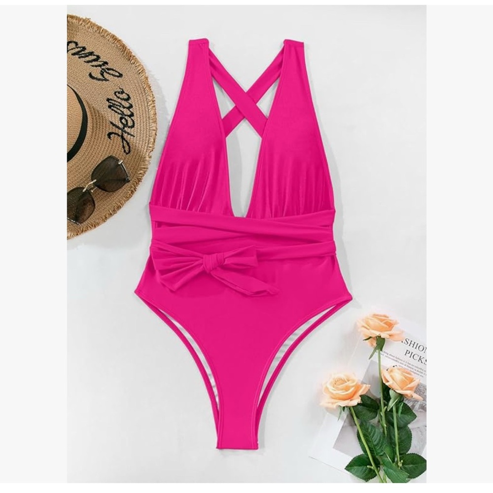 Sexy Pink Tie Criss Cross Plunge One Piece Thong High Cut Brazilian Bathing Suit - Picture 4 of 6